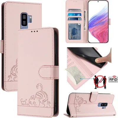 Produktbild von Leder Hülle für Samsung Galaxy S9 Plus Süße Katze Flip Case Brieftasche Schutzhülle mit Standfunktion Pink