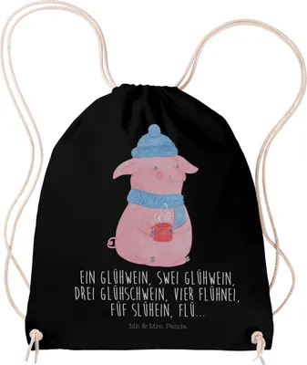 Produktbild von Mr. & Mrs. Panda Turnbeutel Schweinchen Glühwein - Schwarz - Geschenk, Baumwolltasche, sporttasche klein, Spruch, Jutebeutel, Betrunken, gym tasche, Weihnachtsmarkt