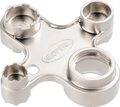 A silver-colored tool with multiple sockets, designed for plumbing or faucet maintenance.