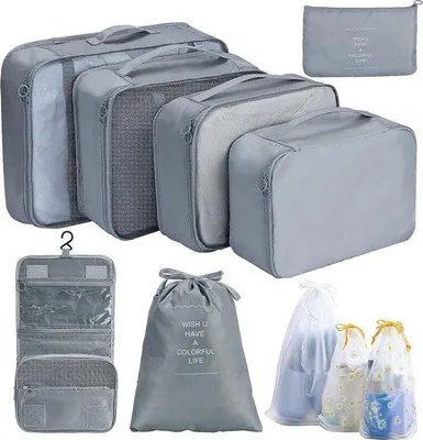 Produktbild von Unyqoos® 10‑teiliges Packwürfel‑Set – Koffer‑Organizer für Reisen, Nylon, wasserabweisend, grau (Packwürfel, Schuhbeutel, Kulturbeutel)
