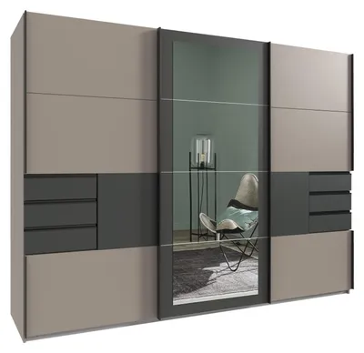 Produktbild von Schwebetürenschrank Kleiderschrank 270 cm 3-türig Schubladen Spiegel Grau Grafit / 22507