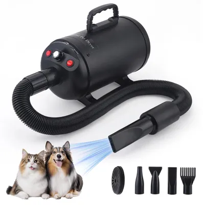 Image de Sèche-cheveux pour chiens - Sèche-cheveux professionnel pour animaux de compagnie - Puissance jusqu'à 1000 W - Silencieux - Température réglable - 4 buses + brosse - Noir