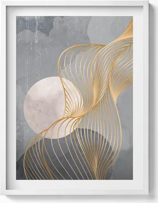Produktbild von Abstrakte Illustration des Mondes mit Gold– Wandbild mit Rahmen – Gerahmtes Bild  – Wanddekoration – 60x80 cm –  Weiß Rahmen