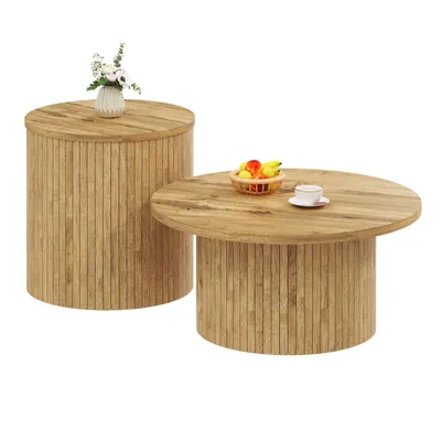 Produktbild von Couchtisch, doppelter runder Tisch, Beistelltisch mit Naturholzlatten. Multifunktionaler Wohnzimmertisch
