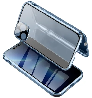 Produktbild von Für Apple iPhone 13 Pro Tasche Beidseitiger Magnet Glas Bumper Privacy Blau Case