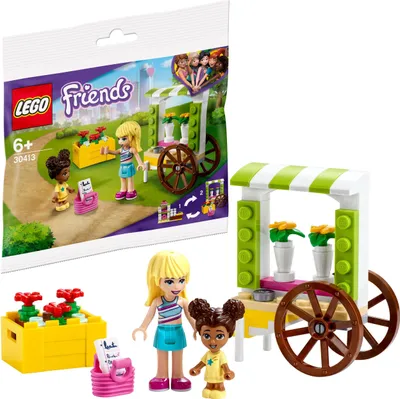 A LEGO Friends flower cart playset shown in its packaging, with the assembled product and minifigures displayed separately.