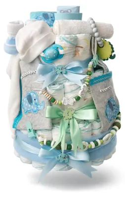 Produktbild von Windeltorte für Jungen mit Elefanten-Motiv – Personalisiertes Geschenk in Blau und Mint