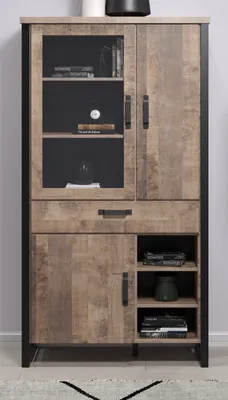 Produktbild von Vitrinenschrank "Emile" Eiche Tabak und schwarz Wohnzimmer und Esszimmer Hochschrank Vitrine 106x195 cm