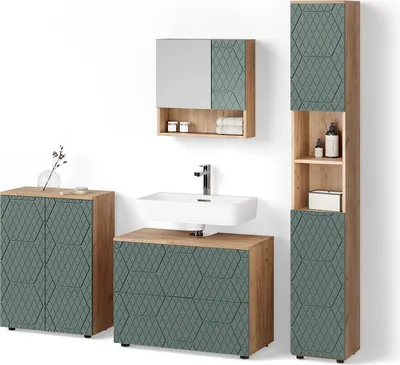 Produktbild von Badmöbel-Set Livinity Ronco Grün/Goldkraft Eiche 4 Teile, mit Schubladenschrank und Midischrank, Model 52936