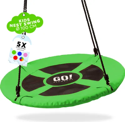 Produktbild von GO!elements Nestschaukel Outdoor | Kinderschaukel oder Gartenschaukel | Höhenverstellbare Schaukel für Kinder & Erwachsene (Familienschaukel) bis 150 KG belastbar | Größe: ø 100cm, Farbe: Grün