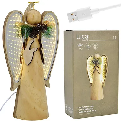 Image de Ange décoratif en bois de la marque Luca Lighting, avec effet LED infini, 30 cm, alimenté par USB, lumière blanc chaud
