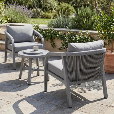 Produktbild von Aluminium Lounge-Set HWC-P82, Gartengarnitur Balkon-Set Stuhl Tisch, Stoff/Textil (220g/m²)  hellgrau