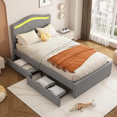 Produktbild von STILVORA Polsterbett 90x200 mit 2 Schubladen&LED-Beleuchtung,Jugendbett mit Stauraum und Lattenrost,Bettgestell mit verstellbares Kopfteil,Samt,ohne Matratze,Grau