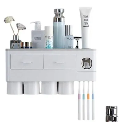 Produktbild von Automatisches Zahnpasta-Spender-Set mit Wandhalterung für Zahnbürsten, 6 Zahnbürstenfächern mit Abdeckung, 2 Magnetbechern und Kosmetikschublade