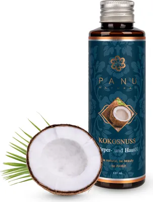 Produktbild von PANU Massageöl Kokosnuss - Pflegendes Körperöl zum Massieren - Hautöl mit feuchtigkeitsspendender Wirkung - Premium Body Oil - Veganes Massage Öl zum Entspannen