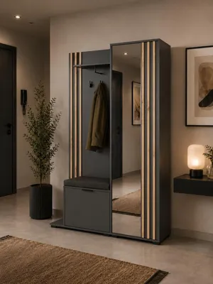 Produktbild von MOEBLO Flurgarderobe JOHN – Kompaktgarderobe mit Sitzkissen, Dielenschrank mit Spiegel, Schuhschrank, Kleiderhaken und Regal für Flur und Diele 131x197x40 cm - Grau Artisan mit Sitzkissen