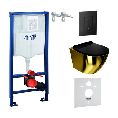 Produktbild von GROHE Vorwandelement Solido + Wand Hänge WC Sofi Slim Gold/Black Spülrandlos + WC-Sitz SoftClose | Schwarzer Knopf | Komplettset | Unterputz Spülkasten |  Toilette Komplett Sett