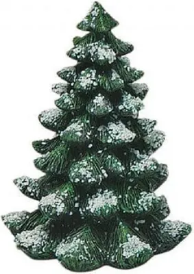 Kleine Schneetanne die mit Schnee bedeckt ist. Sie ist dunkelgrün, hat klassische, kegelförmige Form