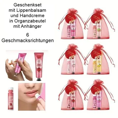 Produktbild von GKA Geschenkset Handcreme und Lippenpflegestift Himbeere im Organzabeutel mit Anhänger Geschenk Mitbringsel Lippenstick weiche Lippen Hände