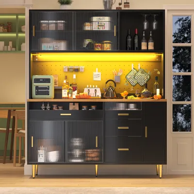 Imagen del producto de Estantería alta para sala de estar con iluminación LED, de 145x39x171 cm, armario de vidrio  con puertas correderas de MDF, metal y vidrio