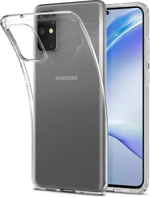 A clear protective case is shown on a Samsung Galaxy S20 Plus phone.