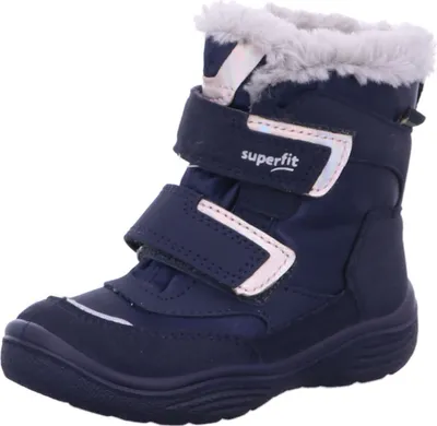 A single blue winter boot for children.