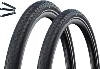 Produktbild von 2 x Schwalbe Motion Big Apple Fahrradreifen RaceGuard ADDIX Green E-25 Schwarz+Reflex 60-559 (26 x 2.35") inkl. maxxi4you Reifenheber