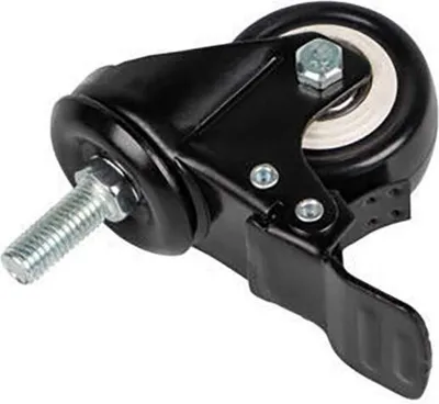 A black caster wheel with a threaded bolt and a brake lever, isolated on a white background.