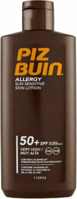 A brown bottle of Piz Buin Allergy Sun Sensitive Skin Lotion SPF 50+.