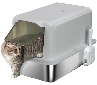 Immagine prodotto di Lettaia per gatti - Lettaia in acciaio inossidabile con coperchio - Paletta integrata - Facile da pulire - Grigio