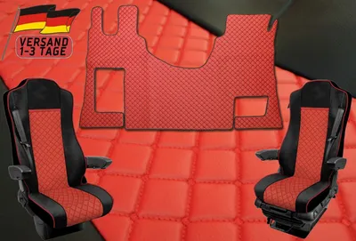 Obrázek produktu pro Rohože do nákladních vozidel + potahy sedadel 1+1 pro Mercedes Actros MP4 nákladní vozidla s automatickou převodovkou ČERVENÁ ekologická kůže
