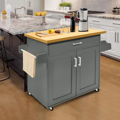 Obrázek produktu pro TWOLIIN Kuchyňský vozík na kolečkách Kuchyňská skříňka se zásuvkami a dvířky Kuchyňský ostrůvek s pracovní deskou Kuchyňský vozík Servírovací vozík Vozík do jídelny - 115 x 36 x 90 cm, šedý