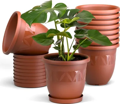 A set of terracotta-colored plastic plant pots with a Monstera plant in one of them.