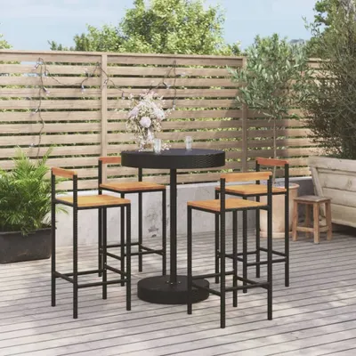 Produktbild von The Living Store 5-tlg. Gartenbar-Set Schwarz Poly Rattan & Massivholz Akazie