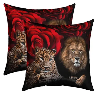 Zdjęcie produktu dla Poszewki na poduszki 40x40 cm, zestaw 2 sztuk, wzór: leopard, róża, kwiaty, kolor: czerwony, wielokolorowe, materiał: poliester