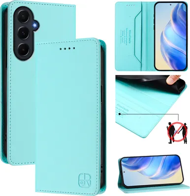 Image de Etui en cuir pour Samsung Galaxy A55, étui à rabat avec fentes pour cartes, portefeuille et support Turquoise