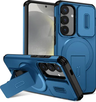 Immagine prodotto di Custodia magnetica per Samsung Galaxy S25/S24, custodia resistente a due strati con protezione della fotocamera scorrevole e supporto regolabile Blu