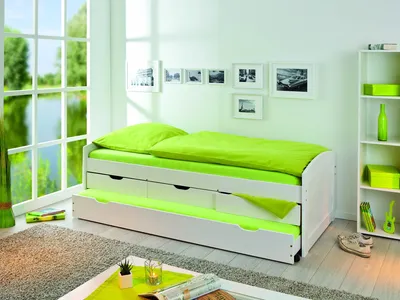 Produktbild von Funktionsbett "Ulli I" aus Massivholz in Weiss mit 3 Schubladen. Abmessungen (BxHxT) 205x63x98 cm