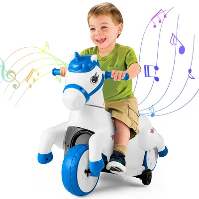 Produktbild von GOPLUS 12V Einhorn Rutschauto, Kinderfahrzeug mit Schaukelfunktion, Kinderauto mit 3 Räder & Stützräder, mit Musik & Batterieanzeige, Blau