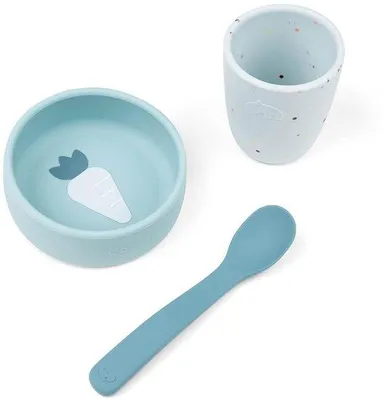 Immagine prodotto di Set di stoviglie in silicone per bambini Ibenzoa® – 3 pezzi, composto da: ciotola antiscivolo di Ø 10 cm, mini-bicchiere 6,6×7,5 cm e cucchiaio da 14 cm, senza BPA, colore blu