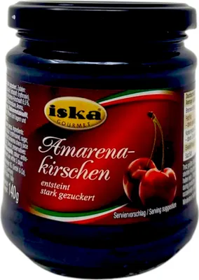 Produktbild von iska Gourmet Amarenakirschen 240g Glas entsteint stark gezuckert Kirschen Obst Konserve