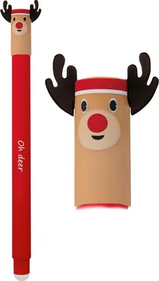 A red pen with a reindeer design and a separate reindeer head object.