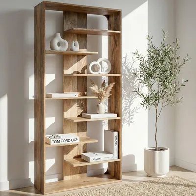 Immagine prodotto di FineBuy Libreria 200 cm in legno massello di mango Scaffale aperto Divisorio grande Scaffale in legno moderno Scaffale da soggiorno Scaffale decorativo Naturale Fatto a mano