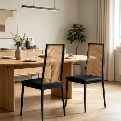 Immagine prodotto di NONEFT Set da 2 poltrone in rattan per sala da pranzo, sedute imbottite con gambe in metallo, ideali come sedie per cucina, soggiorno, sala da pranzo, balcone, colore nero