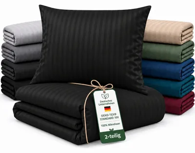 Produktbild von Damast Bettwäsche mit Reißverschluss, Satinstreifen, weiche Mikrofaser,155 x 220 cm,Schwarz
