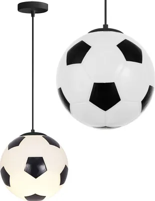 Two pendant lamps shaped like soccer balls are shown against a white background.
