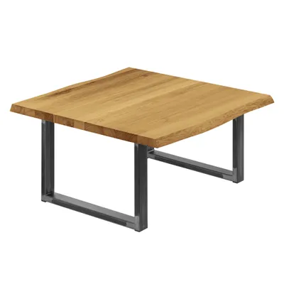 Produktbild von LAMO Manufaktur Esstisch Küchentisch Schreibtisch Couchtisch aus Massivholz, mit Baumkante 60x60x47 cm (AxBxH), Loft, Rustikal / Rohstahl mit Klarlack, LKB-01-A-003-0000L