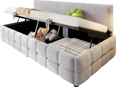 Produktbild von Merax Polsterbett Schlafsofa 90x200cm mit Hydraulischem Stauraum, Rückenlehne ohne Armlehnen, Doppelbett mit Karomuster aus Samtstoff, Hellgrau