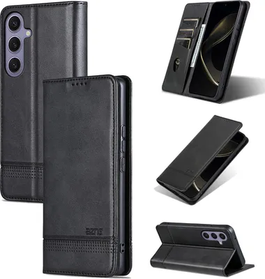 Produktbild von Leder Hülle für Samsung Galaxy S25, Klapphüllen Brieftasche Magnetverschluss Ständer Schutzhülle Schwarz