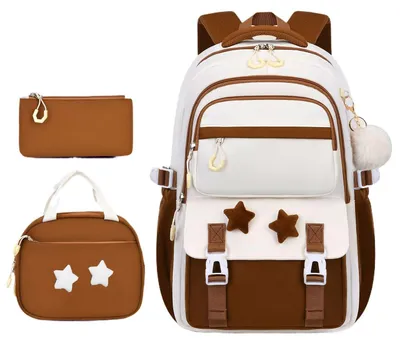 Produktbild von Schulranzen Set 3-teilig, Leichter Rucksack Wasserdicht, 16 Zoll Laptopfach, Brotdose Tasche Federmäppchen, Schüler Rucksack, Kaffee